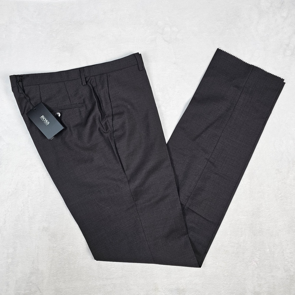 NWT Hugo Boss Trouser Pants Men's 34 Brown Black Slim Fit Wool Suit Micro Check